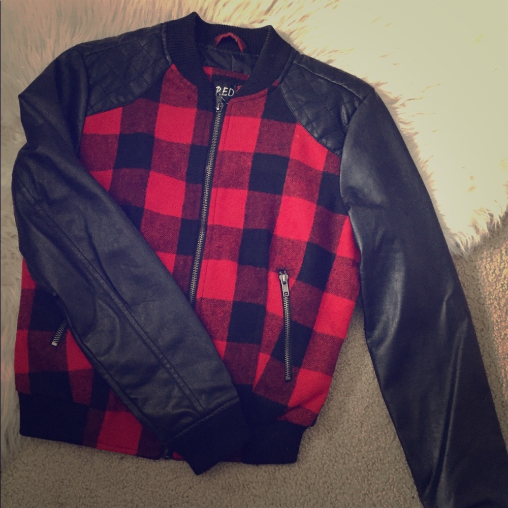 Red Snap Faux plaid leather jacket